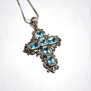 6ct Sterling Silver Blue Topaz Italian Victorian Revival Cross Necklace